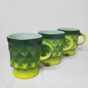 MCM FIRE KING Green Kimberly Mugs Cups Anchor Hocking Diamond Argyle Ombre 3 Set